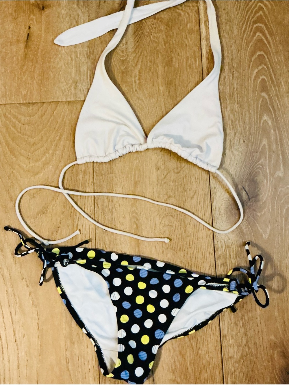 White Triangle Bikini Top & Polka Dot Tie-Side Bottoms